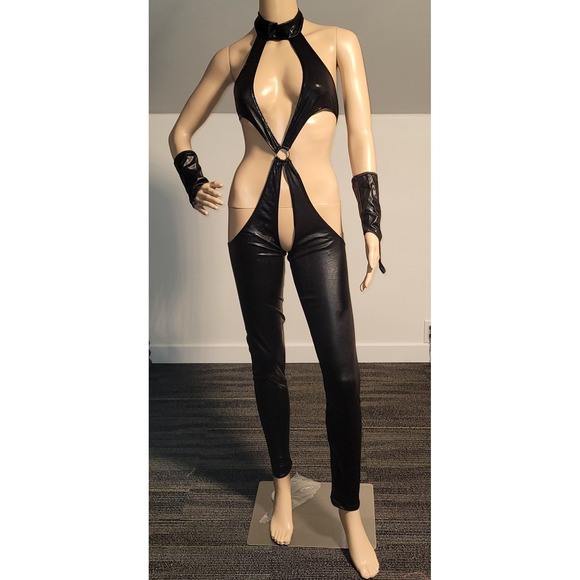 The Unbranded Brand Pants - Black Faux Leather Cutout Halter Jumpsuit